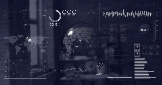 Animation of interface with spinning globe and data processing against empty office