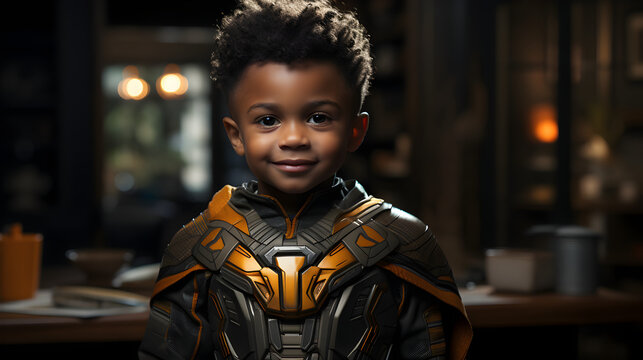 Handsome little black skin boy in fictional hero costume at home
