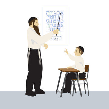 An observant Jewish rabbi teaches a small boy sitting on a chair the letters of the Hebrew alphabet.
In the background on the wall is the vowels and consonants poster.
Flat vector illustration