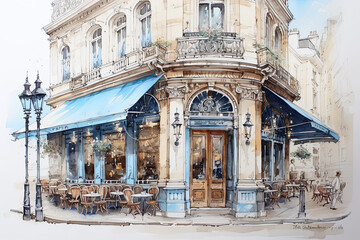 Fototapeta na wymiar Paris cafe in watercolour sketch drawing