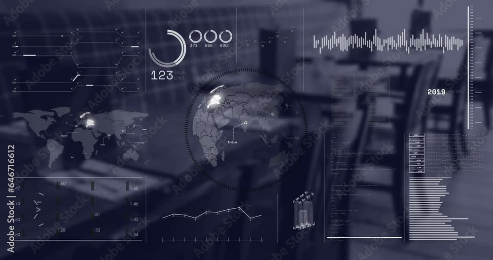 Poster animation of interface with spinning globe and data processing against empty cafe at office