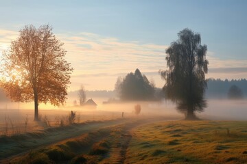 Beautiful dreamy autumn sunrise rural scenery. Autumn fog and the beautiful morning sun in a landscape, Generative AI