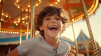 Joyful Ride: Young Boy Beaming with Excitement on a Colorful Carousel at the Amusement Park.