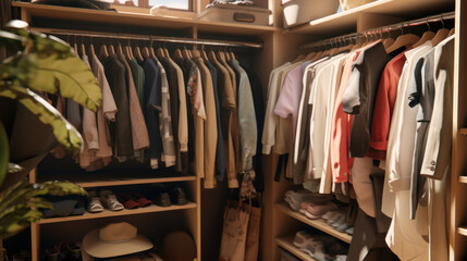 Effortless Elegance: A Well-Organized Closet with Neat Clothing Piles.