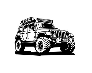 vector off road 4x4 car drawing, black and white, vintage style, vector car for t-shirt design - obrazy, fototapety, plakaty