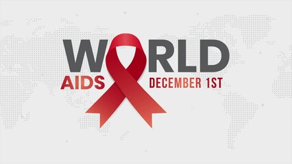 World Aids Day December 1st animation with red ribbon and dotted maps on isolated background