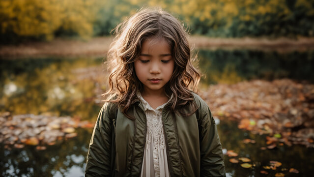 A little girl leaning towards a small pond, her reflection transforming into a fully grown woman, surrounded by a serene forest painted with autumn colors, her clothes and hair blending and transformi