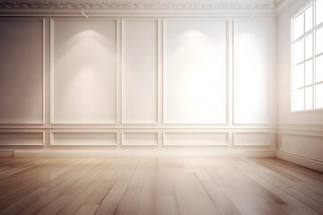 White empty wall with decorative paneling and wood floor. AI Generative