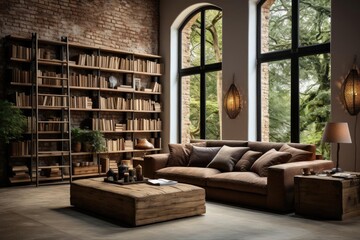 modern industrial library with light natural materials