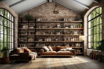 modern industrial library with light natural materials - obrazy, fototapety, plakaty