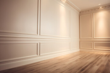 Cream empty wall with simple decorative moulding and wood floor. AI Generative