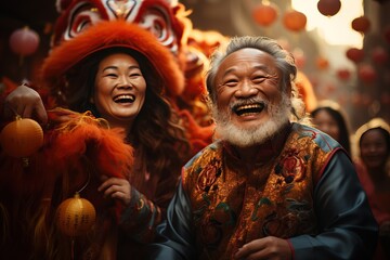 Fototapeta premium Chinese Street Celebrations: Bustling streets filled with colorful decorations and lively parades.Generated with AI