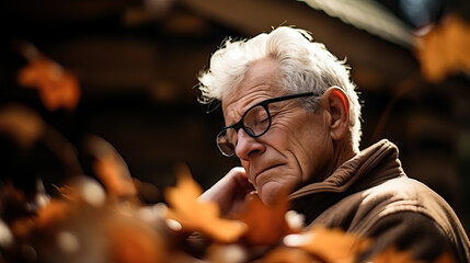 Fototapeta premium An elderly man sitting outdoors, surrounded by autumn leaves. Concept of aging, the fall of life, dementia and Alzheimer's. Old age. Shallow field of view with copy space.