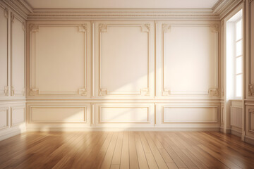 Cream empty wall with simple decorative moulding and wood floor. AI Generative