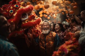 Obraz premium Chinese Street Celebrations: Bustling streets filled with colorful decorations and lively parades.Generated with AI