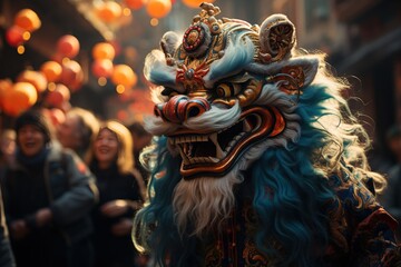 Obraz premium Chinese Street Celebrations: Bustling streets filled with colorful decorations and lively parades.Generated with AI