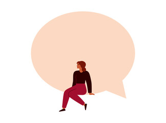 Young woman sits on a big speech bubble. Female character has an idea or opinion for smth. Girl says via big message frame. Communication and vote concept. Vector illustration - obrazy, fototapety, plakaty
