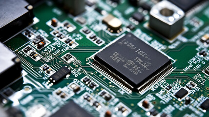Obraz premium green microelectronics, microchip computer printed circuit board electronic chip, abstract fictional background