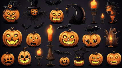 collection of halloween decoration objects isolated on the background