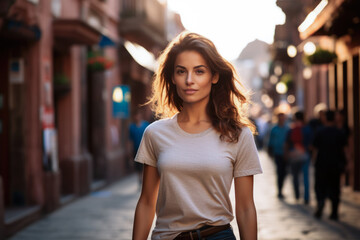 Fototapeta premium Young travel woman walking down the old town