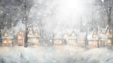 postcard, christmas houses in snowfall, winter white background, festive art and illustration