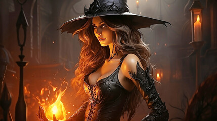 Fototapeta premium Halloween Witch . Beautiful young woman in witches hat, dark magic forest background. Wide Halloween party art design.