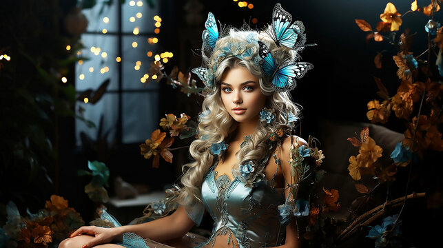 modern fantasy fairy mystery cute girl queen of elves sexy face, with butterfly flowers on head