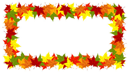 Rectangular frame of bright yellow orange red maple leaves isolated on white background. Autumn backdrop. Copy space. Fall season. Sale flyer, banner or template. Foliage. October. Acer leaf. Poster.