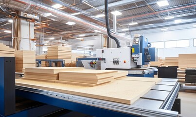 Workshop for the production of particle boards, manufacture of chipboard, veneer, plywood, wood panels. Wood processing. Woodworking industry concept, Generative AI - obrazy, fototapety, plakaty