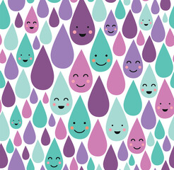 Vector seamless pattern with kawaii rain drops. Colorful abstract background	