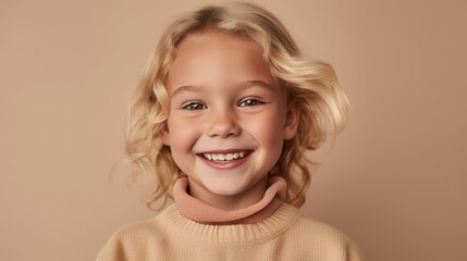 Joyful blonde kid in a studio, smiling against a light beige backdrop. Generative AI