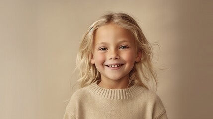 Portrait of a happy blonde child in a studio with a light beige backdrop. Generative AI
