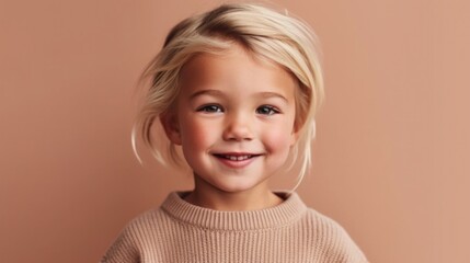 Happy little girl in a studio, posing with a joyful smile against a light beige background. Generative AI