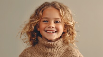 Little girl in neutral clothing radiates happiness on a light beige background. Generative AI