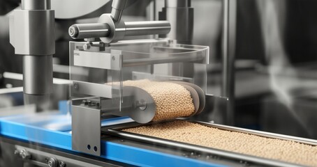 Conveyor Filling and Packaging Machine for Food. product packaging concept, buckwheat groats, Generative AI