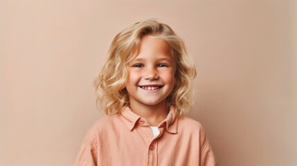 Blonde child beams with joy in a neutral outfit against a light beige studio backdrop. Generative AI