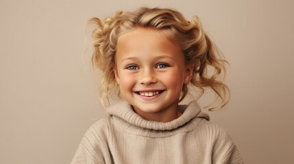 Studio portrait of a happy little girl wearing neutral attire, her blonde hair shining, on a light beige backdrop. Generative AI