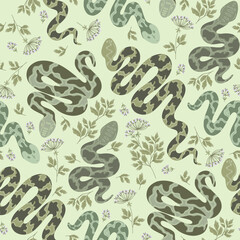 Seamless pattern with snakesand wild plants.