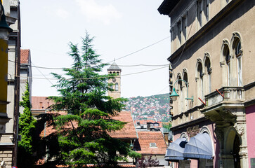 Fototapeta na wymiar Sarajevo, Bosnia and Hercegovina, August 13, 2023. Old town roofs and buildings.