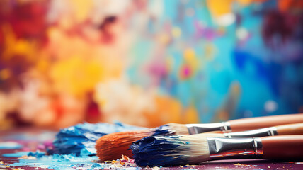 Obraz premium bright multicolored creative background, a group of brushes with paint on the background of a multicolored spectrum canvas, the idea of creativity banner, team