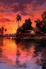 Fototapeta premium An idyllic lakeside scene at sunset, with vibrant hues of orange and pink painting the sky and casting a warm glow on the tranquil water