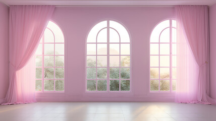 Fototapeta na wymiar delicate pink curtain translucent silk on the window, interior light soft pastel , decoration wall room