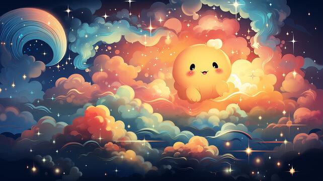 funny cartoon rainbow with eyes and a smile in the night starry sky, good night illustration for children