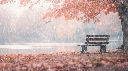 Obraz premium autumn rain, landscape in the park silence and raindrops in the park for walking in the wet weather of lonely November
