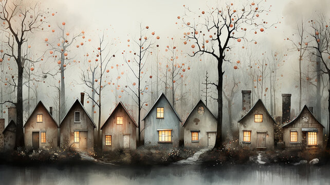 image greeting card with autumn houses and trees evening light in the windows october landscape with copy space