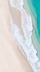 A majestic aerial view  of a sandy beach with crystal blue water washing up on shore.