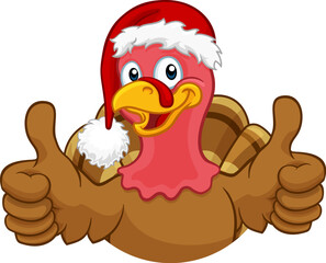 Turkey Christmas or Thanksgiving Holiday cartoon character wearing a Santa Claus hat