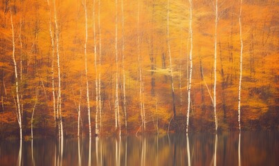 Autumnal textural  forest scenic abstract background with motion blur, toned in vintage style, reflection in water. Abstract autumn background, Generative AI