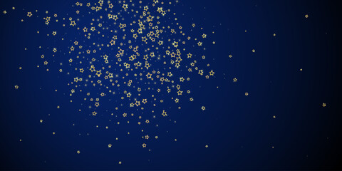 Gold sparkling star confetti. Chaotic dreamy childish overlay template. Festive stars vector illustration on dark blue background.