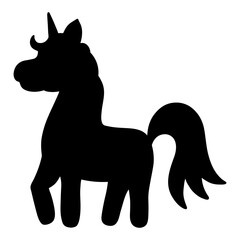 Unicorn. A magical horse with a magnificent mane and tail. Silhouette. Vector illustration. A pony girl with a horn on her forehead beats her hoof on the ground. Outlines on an isolated background. 